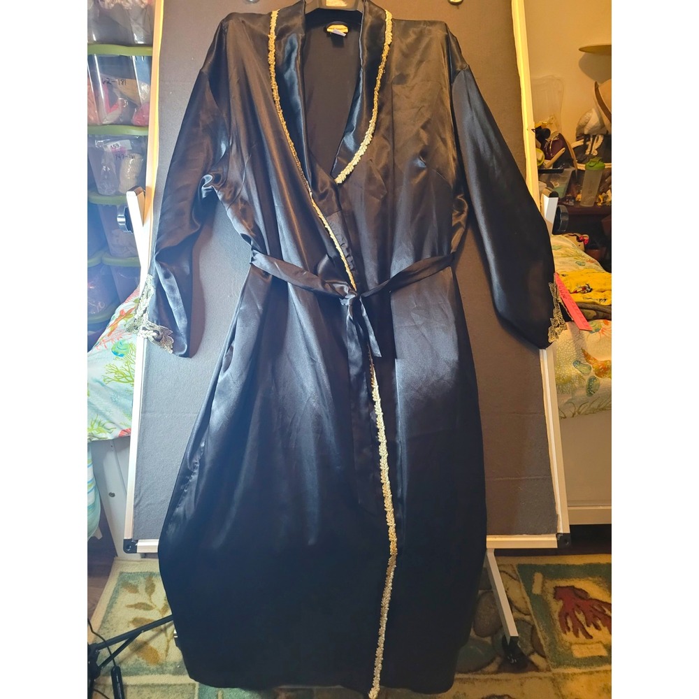 Ventifame Black Satin Polyester Lace Trim Kimono Robe Belted Tie 1X Plus